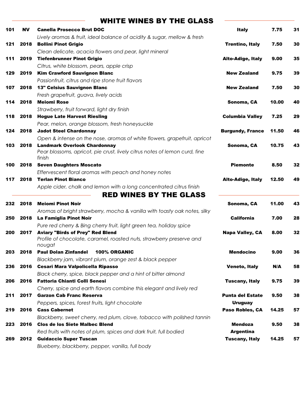 White Wines by the Glass Red Wines by the Glass