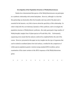 Investigation of the Population Structure of Methylobacteriaceae