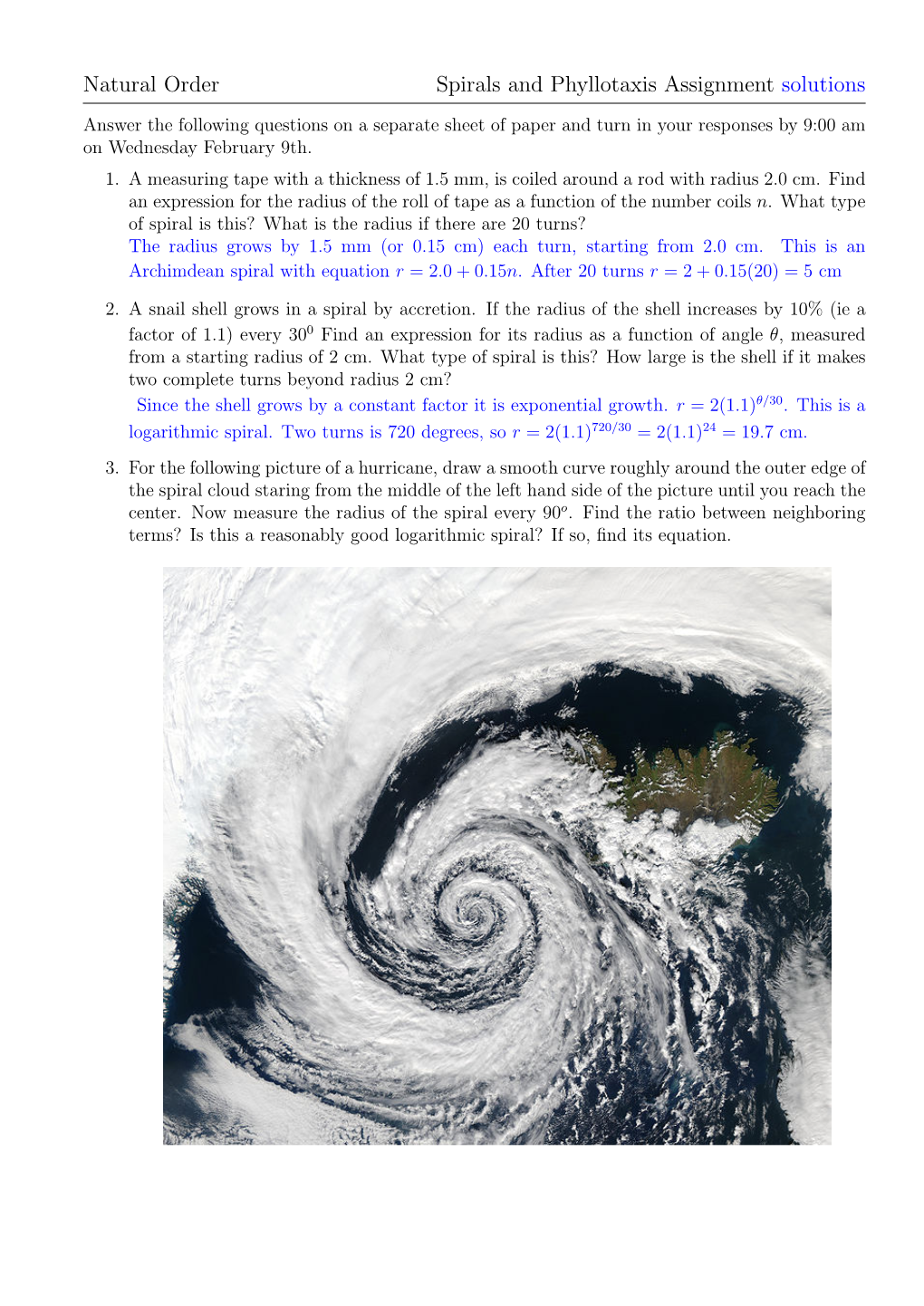 Natural Order Spirals and Phyllotaxis Assignment Solutions