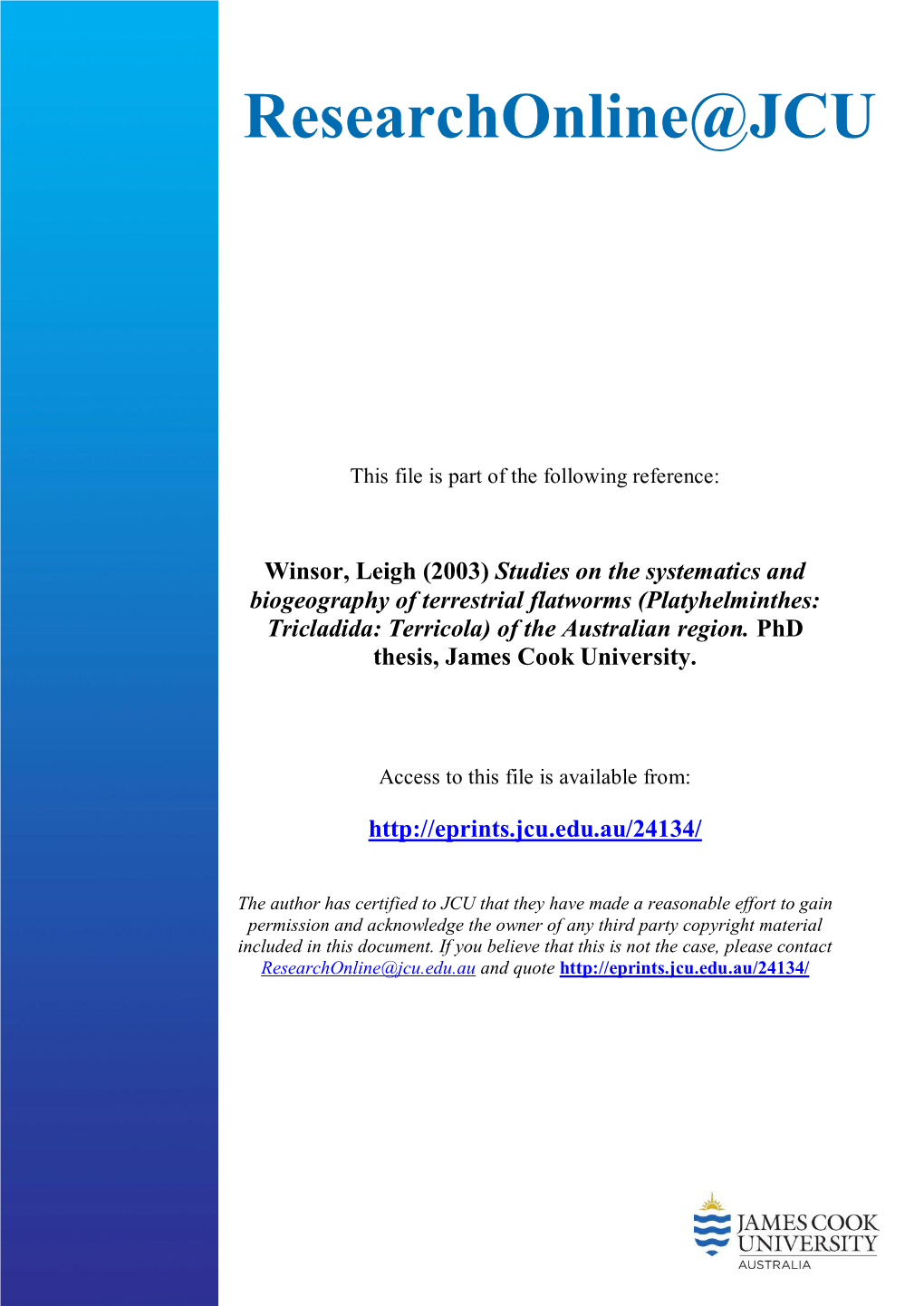 Studies on the Systematics and Biogeography of Terrestrial Flatworms (Platyhelminthes: Tricladida: Terricola) of the Australian Region