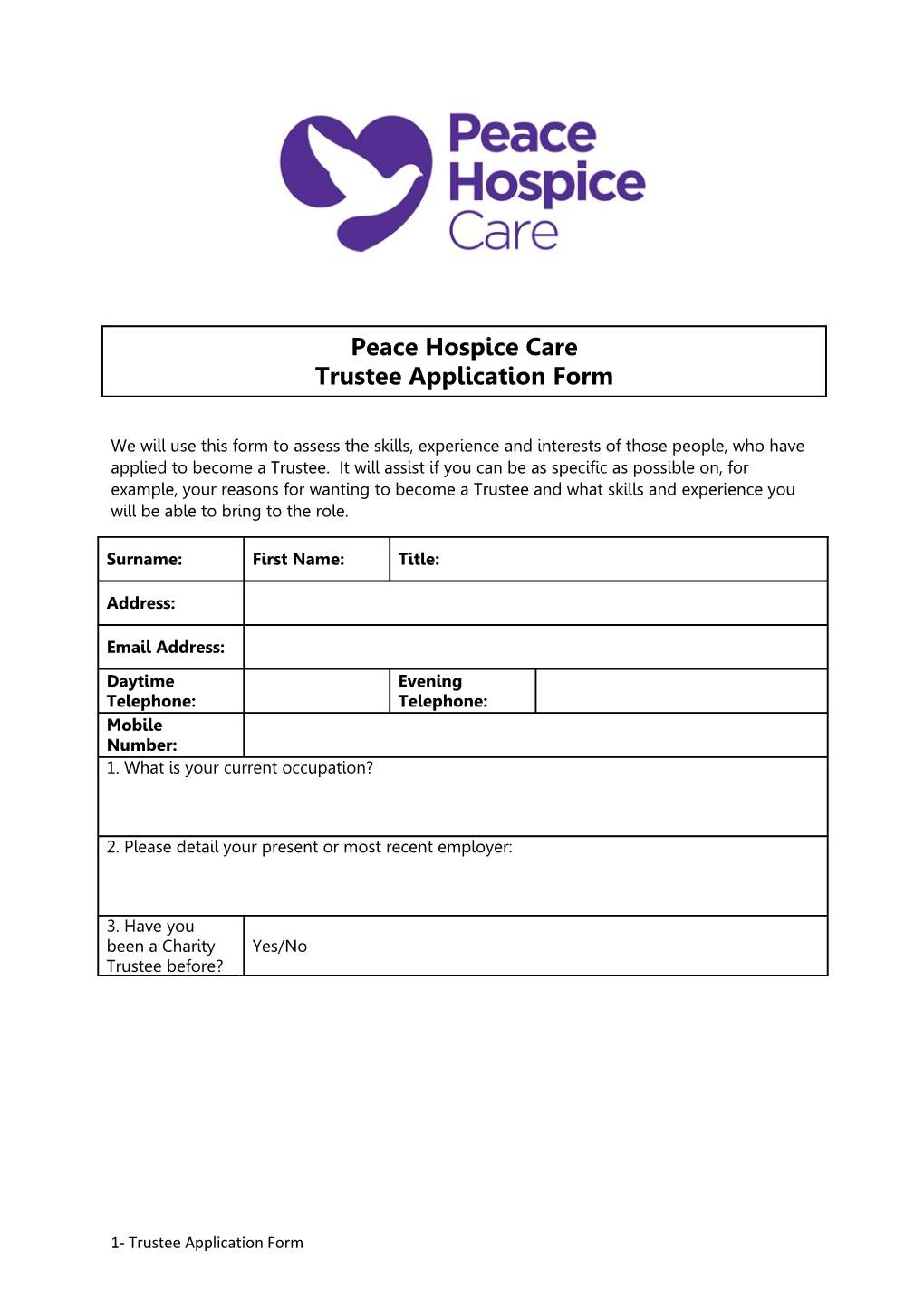 The Peace Hospice - Trustee Application Form