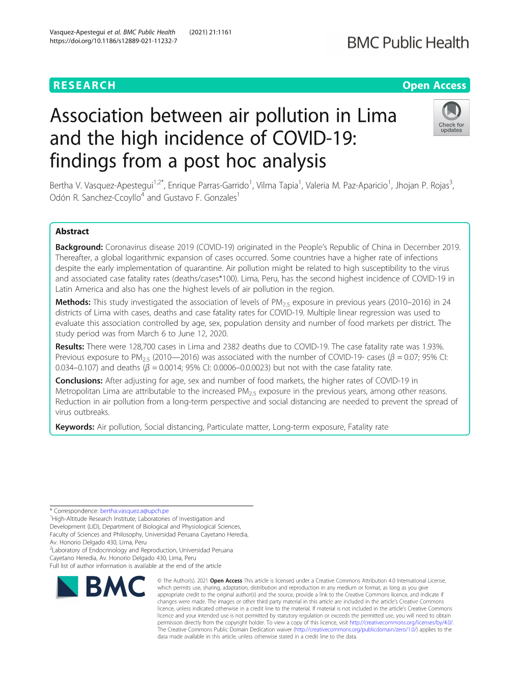 Association Between Air Pollution in Lima and the High Incidence of COVID-19: Findings from a Post Hoc Analysis Bertha V