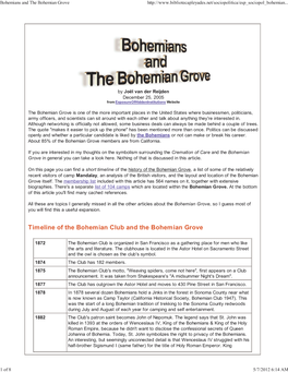 Timeline of the Bohemian Club and the Bohemian Grove