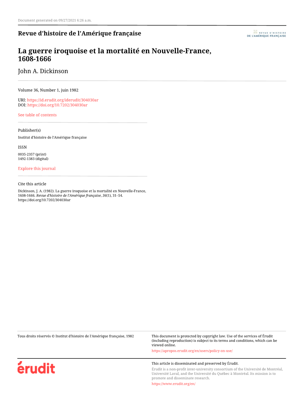 La Guerre Iroquoise Et La Mortalité En Nouvelle-France, 1608-1666 John A