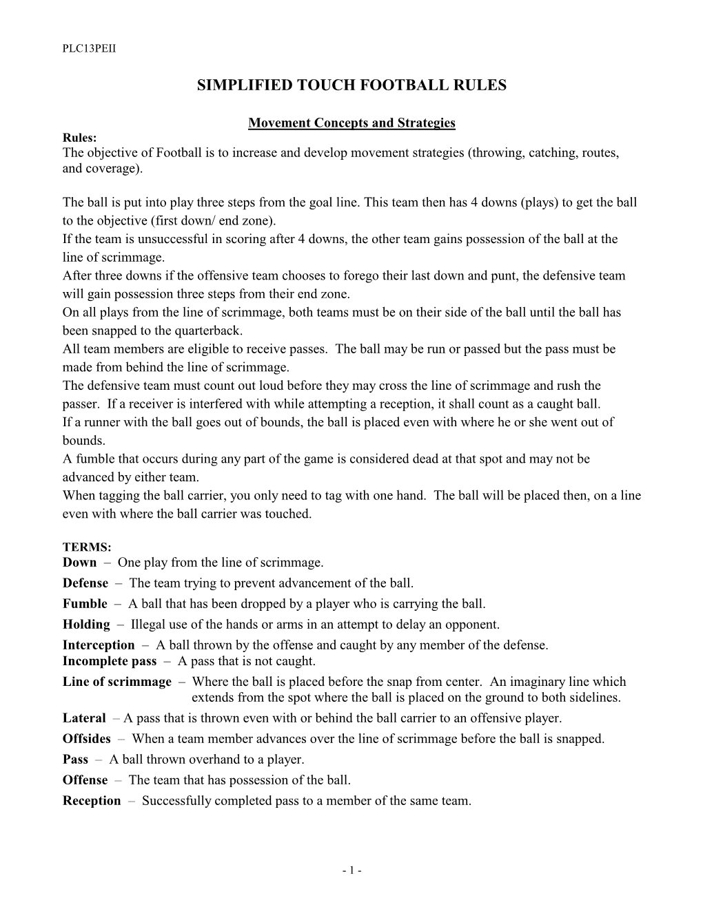 Simplified Touch Football Rules