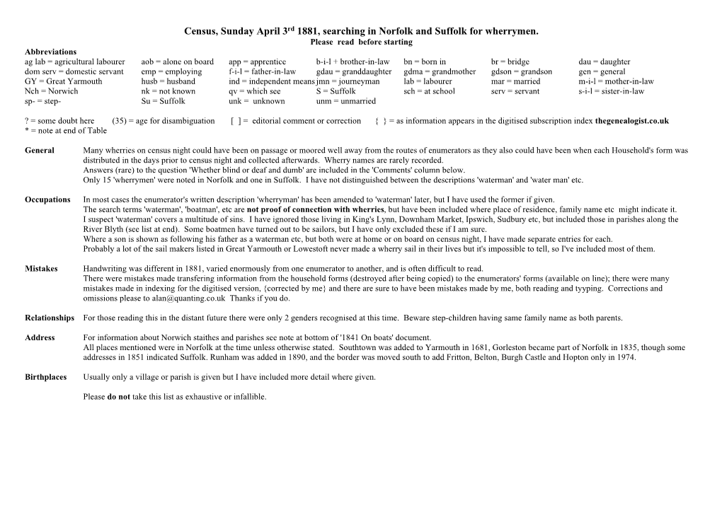 Census, Sunday April 3Rd 1881, Searching in Norfolk and Suffolk for Wherrymen