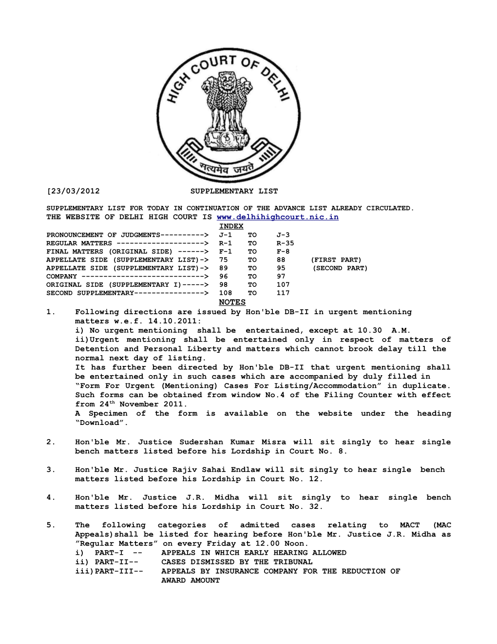 [23/03/2012 Supplementary List the Website of Delhi High