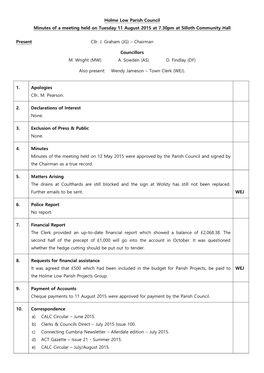 Minutes of a Meeting of Holme Low Parish Council – 11 August 2015