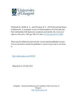 Social Rank Theory of Depression: a Systematic Review of Self-Perceptions of Social Rank and Their Relationship with Depressive Symptoms and Suicide Risk