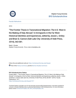The Frontier Thesis in Transnational Migration: the U.S
