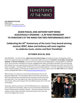Adam Pascal and Anthony Rapp Bring Acoustically Speaking – a 20-Year Friendship to Feinstein’S at the Nikko for Two Performances Only!