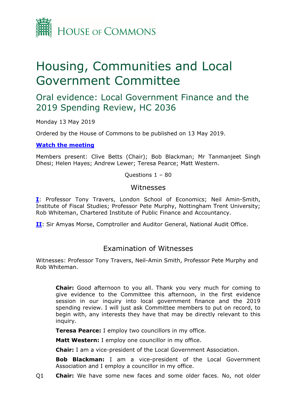 Local Government Finance and the 2019 Spending Review, HC 2036