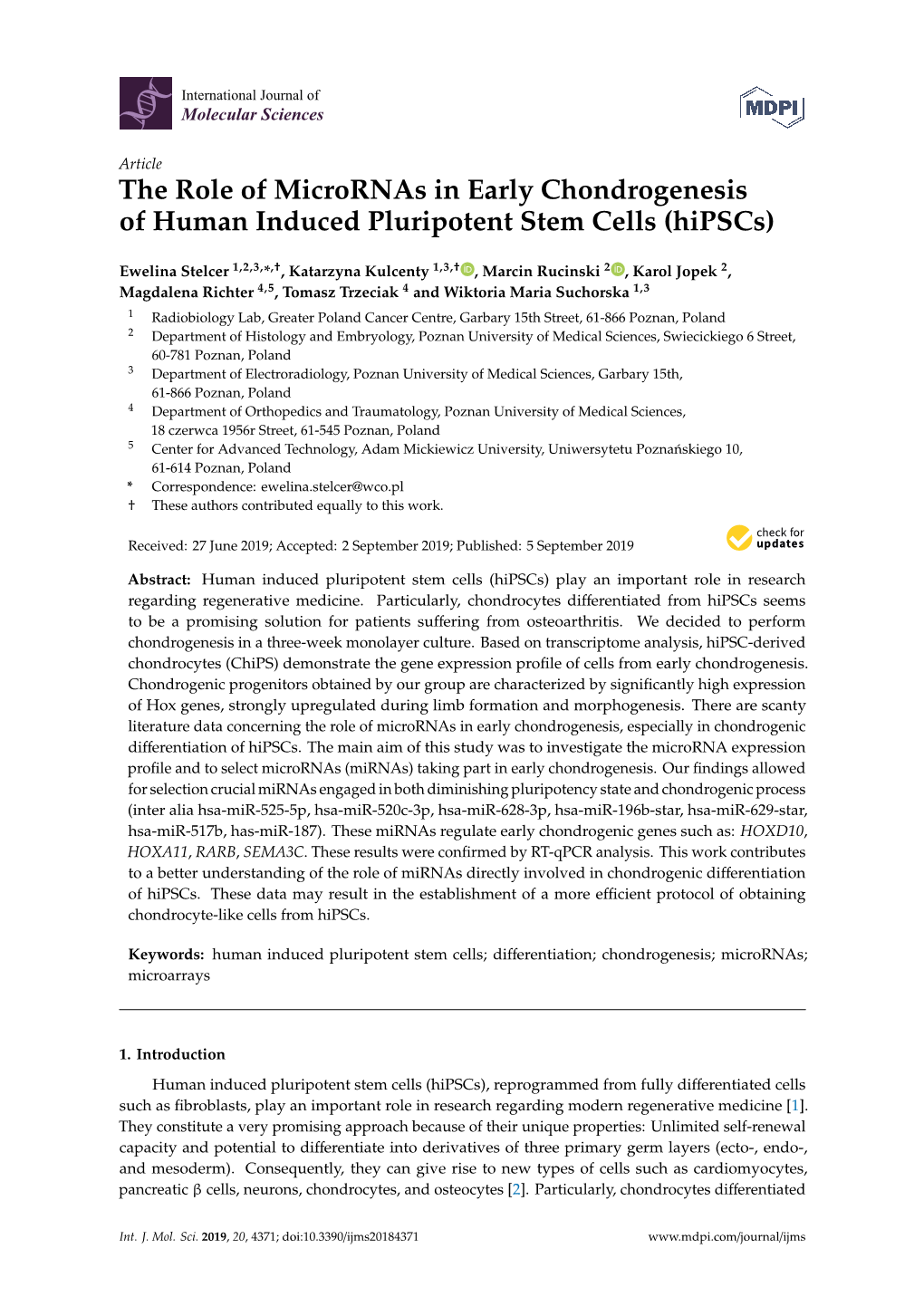 The Role of Micrornas in Early Chondrogenesis of Human Induced Pluripotent Stem Cells (Hipscs)