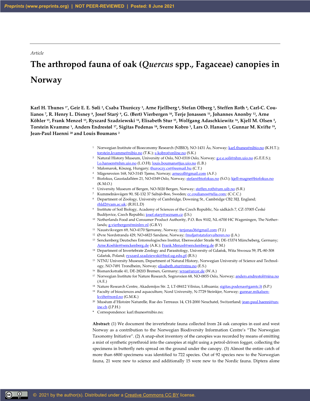 The Arthropod Fauna of Oak (Quercus Spp., Fagaceae) Canopies in Norway