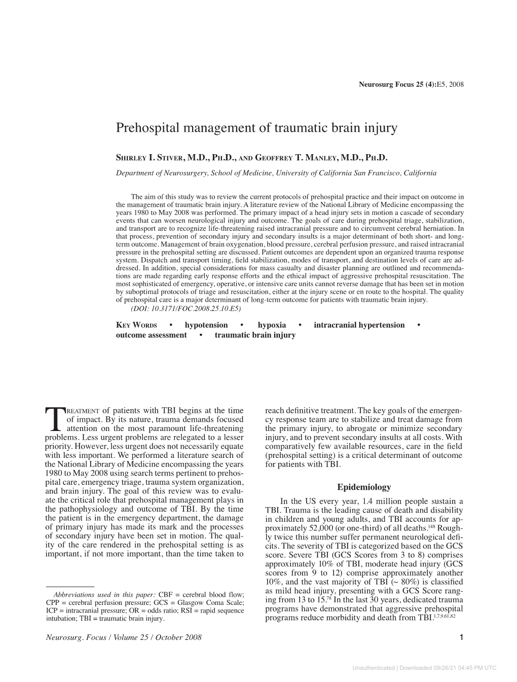 Prehospital Management of Traumatic Brain Injury