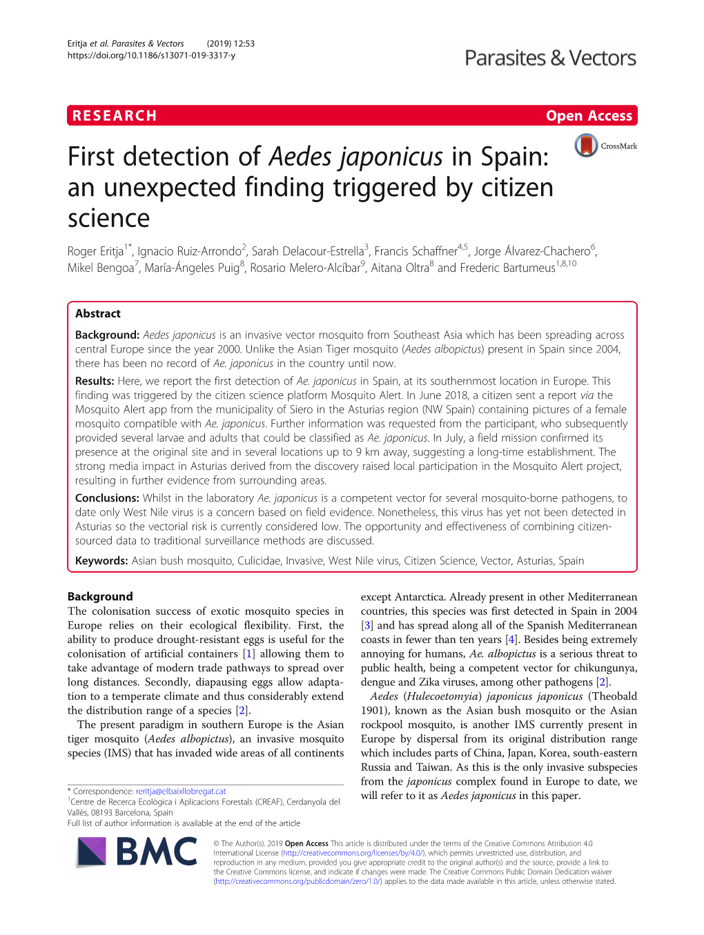 First Detection of Aedes Japonicus in Spain