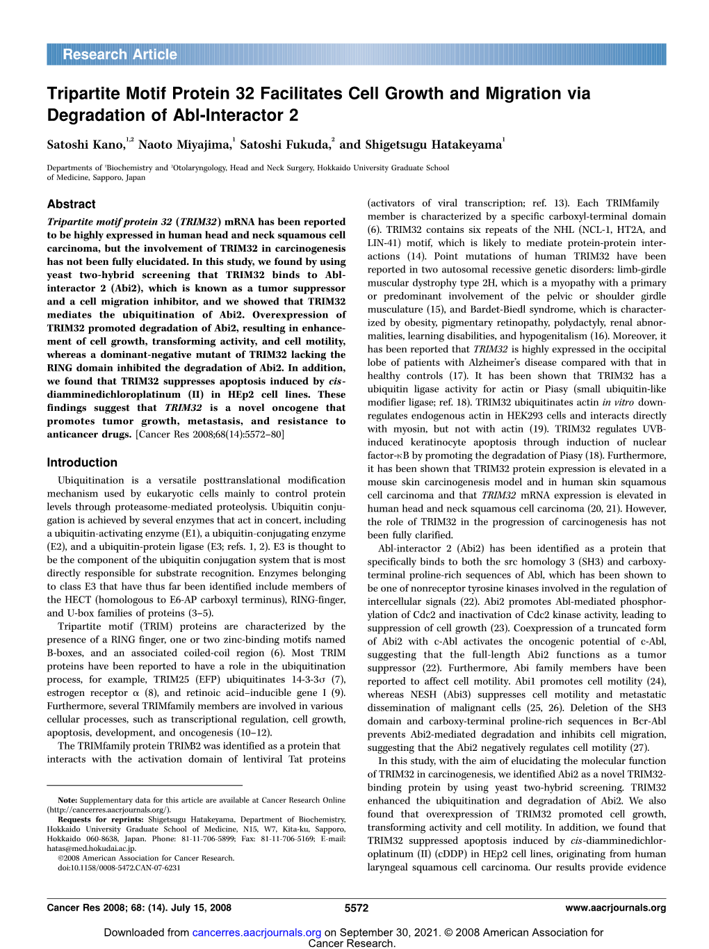 Tripartite Motif Protein 32 Facilitates Cell Growth and Migration Via Degradation of Abl-Interactor 2