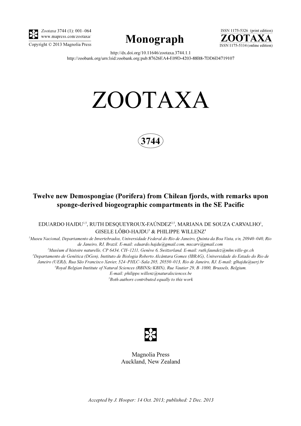 Twelve New Demospongiae (Porifera) from Chilean Fjords, with Remarks Upon Sponge-Derived Biogeographic Compartments in the SE Pacific