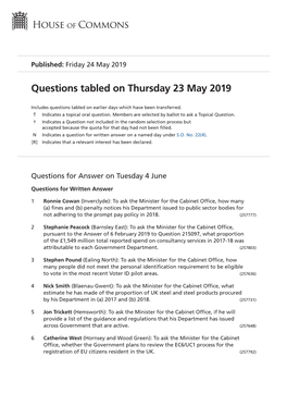Questions Tabled on Thu 23 May 2019