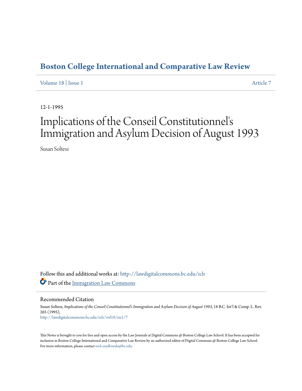 Implications of the Conseil Constitutionnel's Immigration and Asylum Decision of August 1993 Susan Soltesz