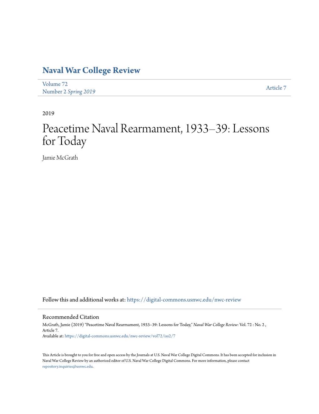 Peacetime Naval Rearmament, 1933–39: Lessons for Today Jamie Mcgrath