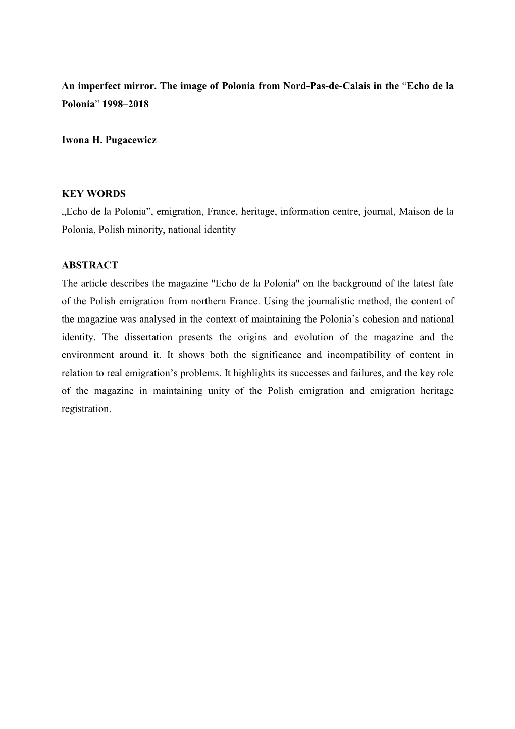 An Imperfect Mirror. the Image of Polonia from Nord-Pas-De-Calais in the “Echo De La Polonia” 1998–2018