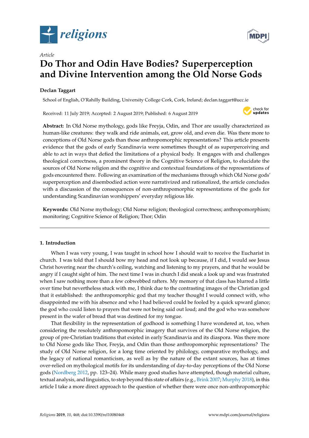 Do Thor and Odin Have Bodies? Superperception and Divine Intervention Among the Old Norse Gods