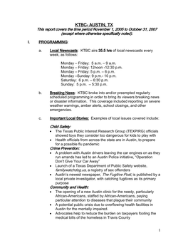 AUSTIN, TX This Report Covers the Time Period November 1, 2005 to October 31, 2007 (Except Where Otherwise Specifically Noted)