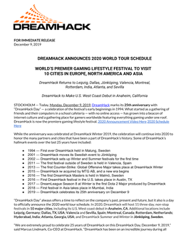 Dreamhack Announces 2020 World Tour Schedule