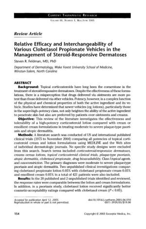 Relative Efficacy and Interchangeability of Various Clobetasol Propionate Vehicles in the Management of Steroid-Responsive Dermatoses Steven R