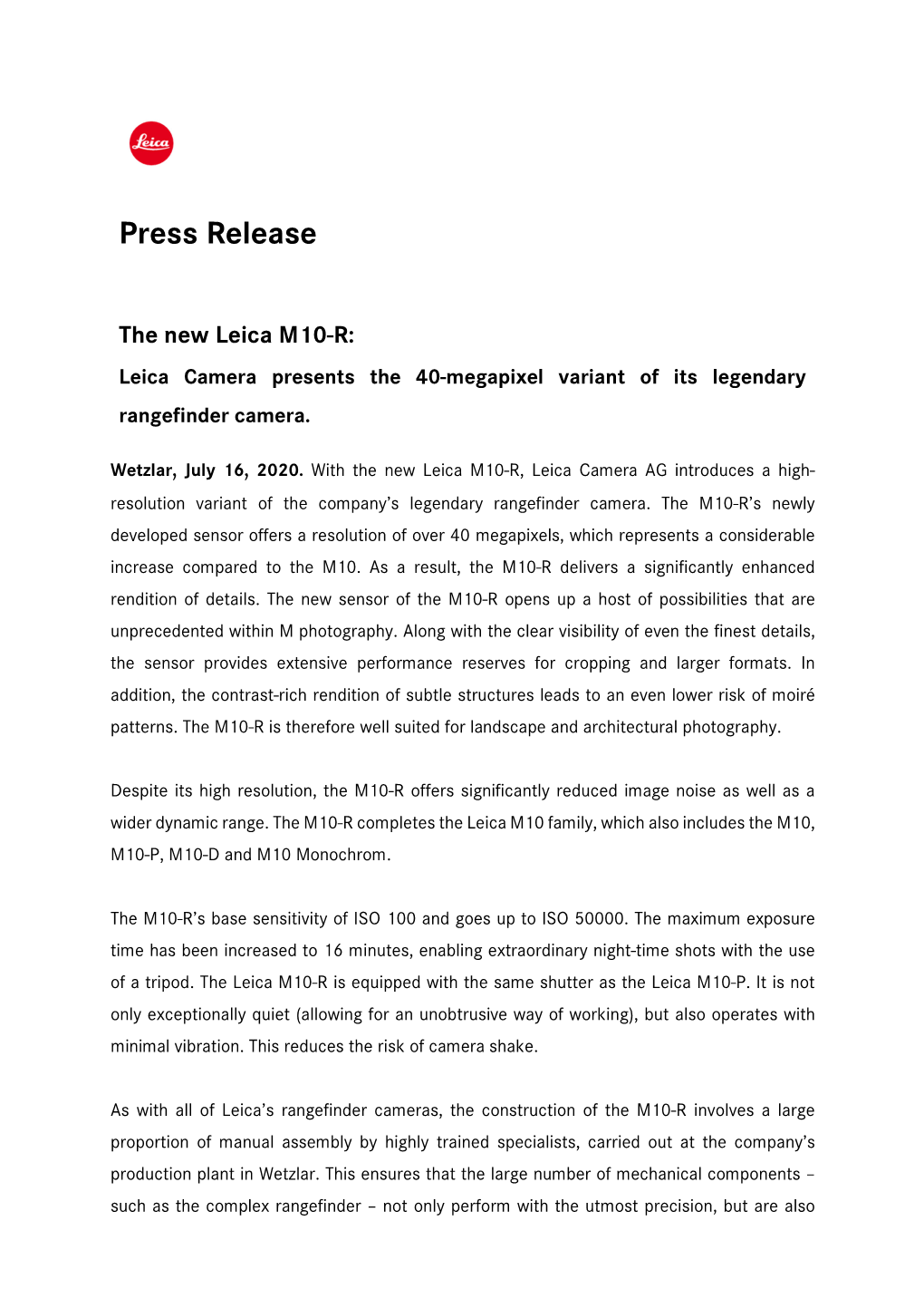 Press Release the New Leica M10-R