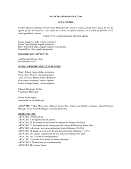MUNICIPALIDAD DE GUATUSO ACTA # 32-2016 Sesión Ordinaria
