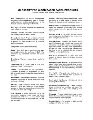 GLOSSARY for WOOD BASED PANEL PRODUCTS (The Text Contains More Common Panel Terms.)