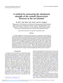 A Method for Measuring the Attachment Strength of the Cestode Hymenolepis Diminuta to the Rat Intestine