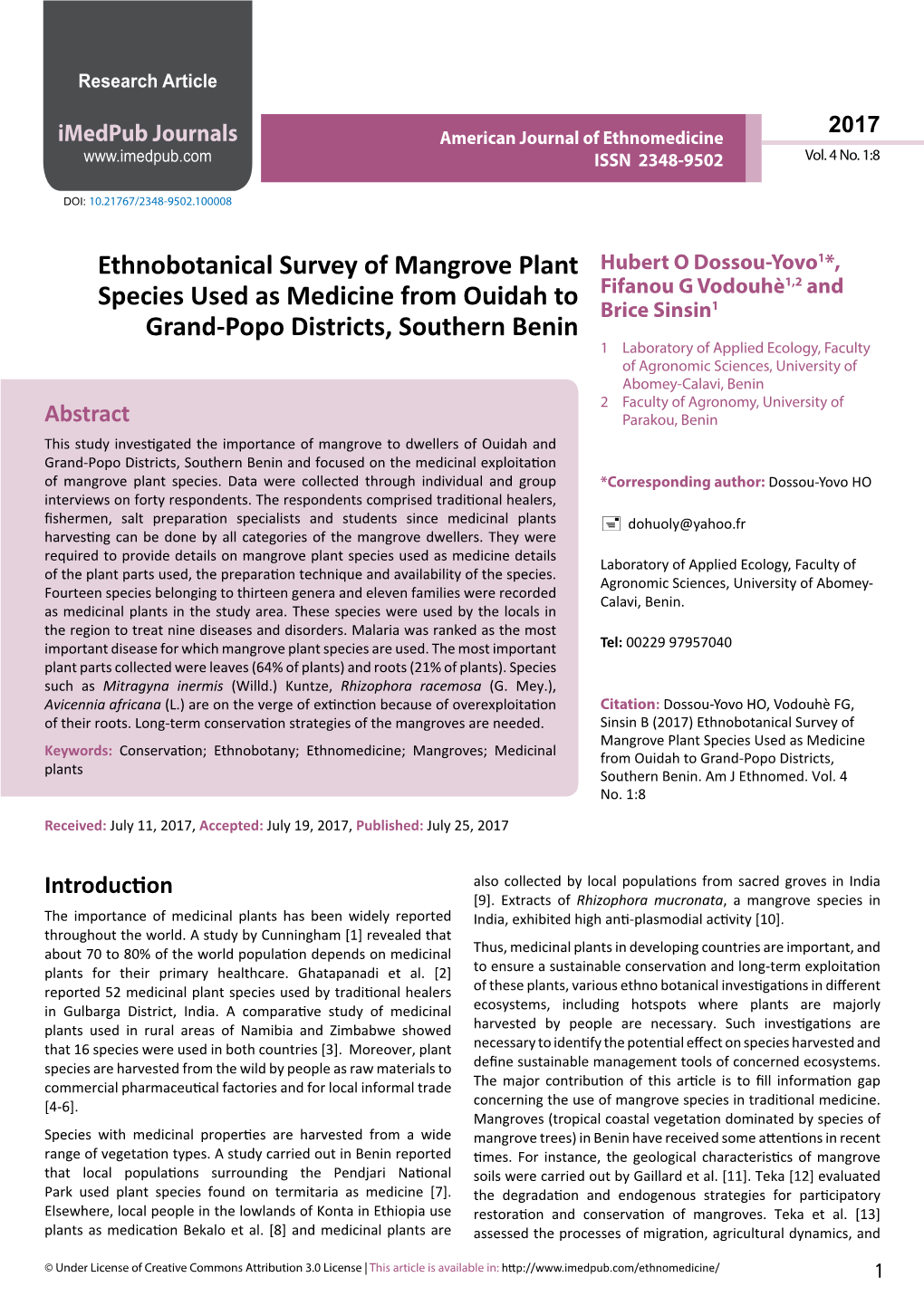 Ethnobotanical Survey of Mangrove Plant Species Used As Medicine