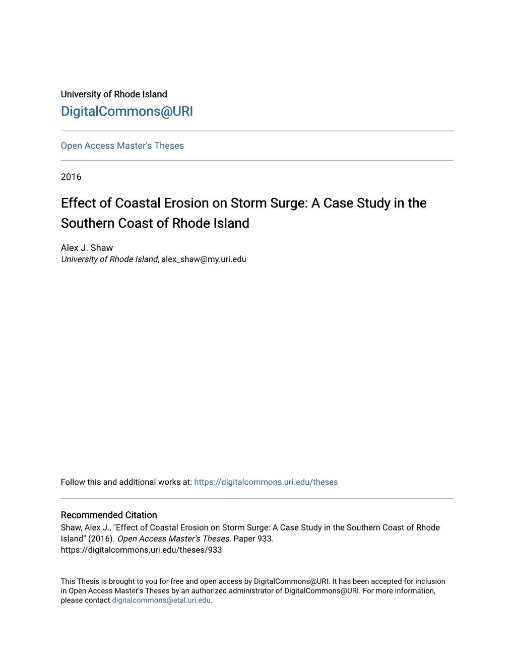 Effect of Coastal Erosion on Storm Surge: a Case Study in the Southern Coast of Rhode Island