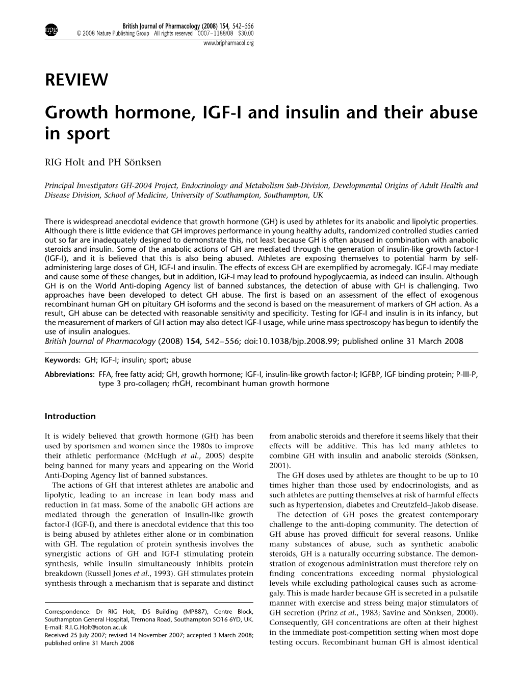 Growth Hormone, IGF-I and Insulin and Their Abuse in Sport