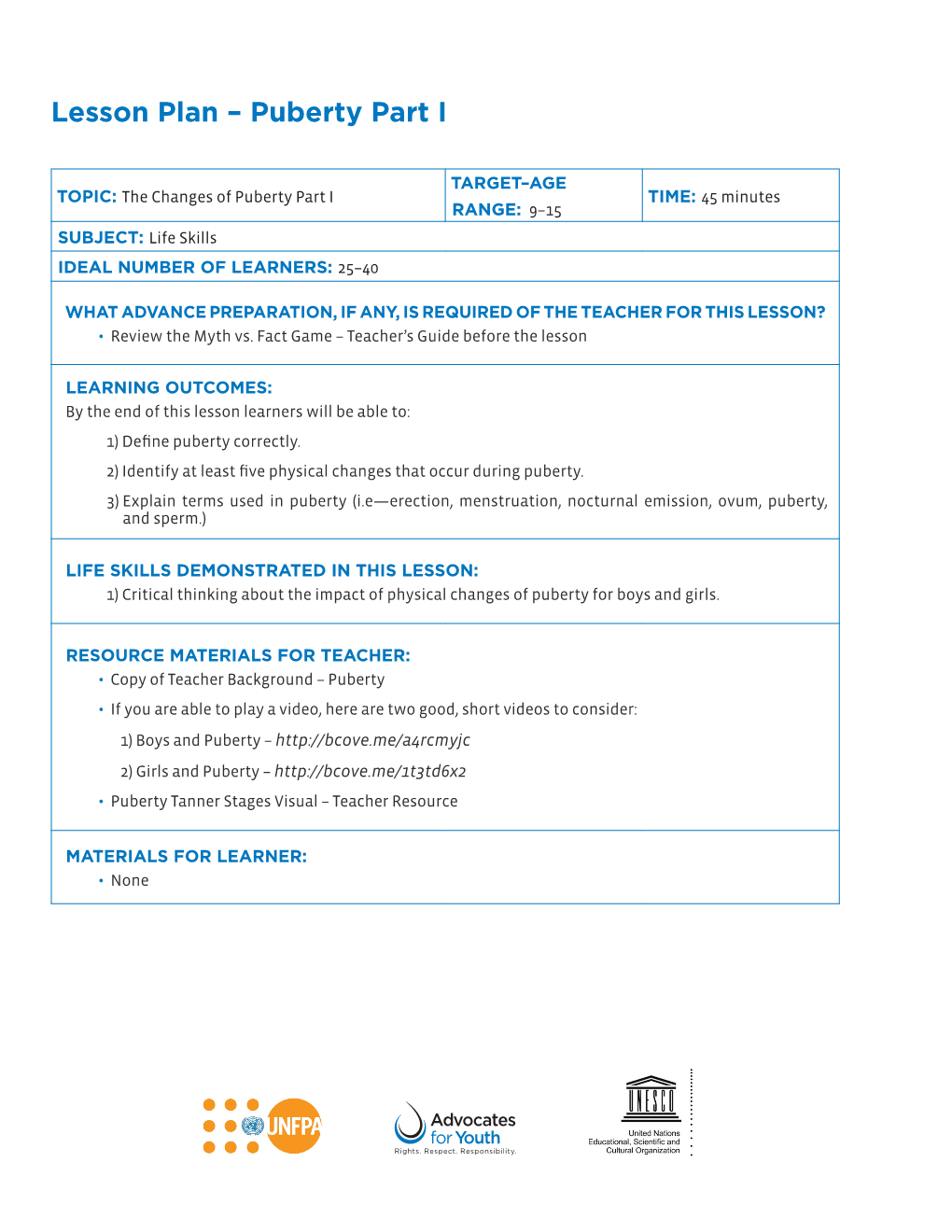 Lesson Plan – Puberty Part I