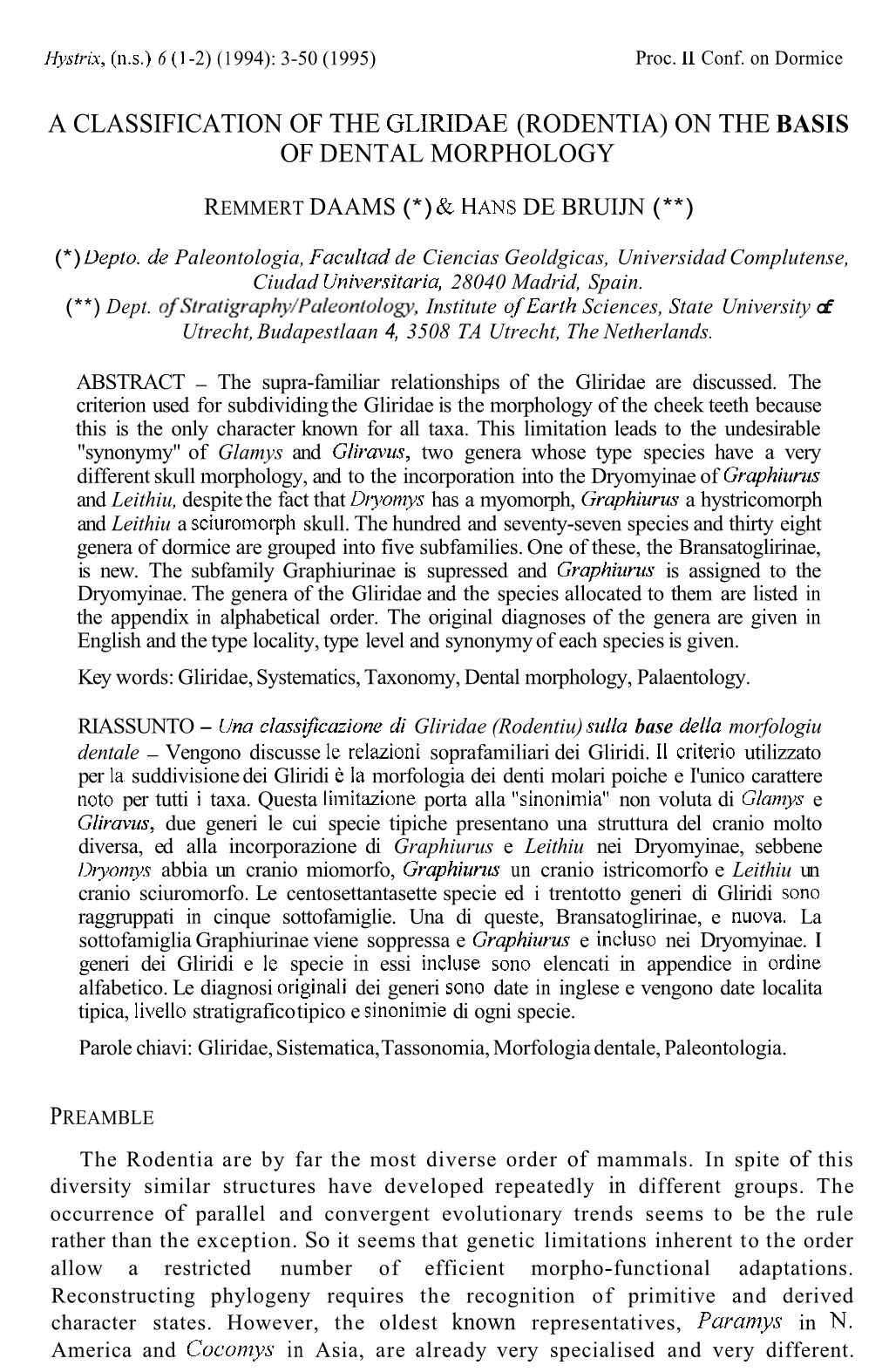 A Classification of the Glirtdae (Rodentia) on the Basis of Dental Morphology