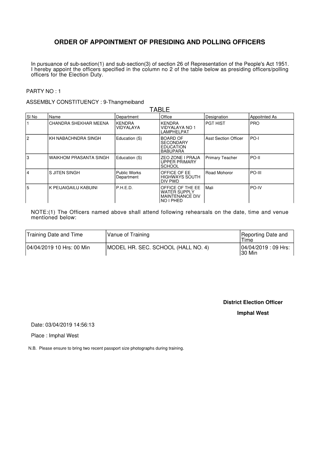 Order of Appointment of Presiding and Polling Officers Table