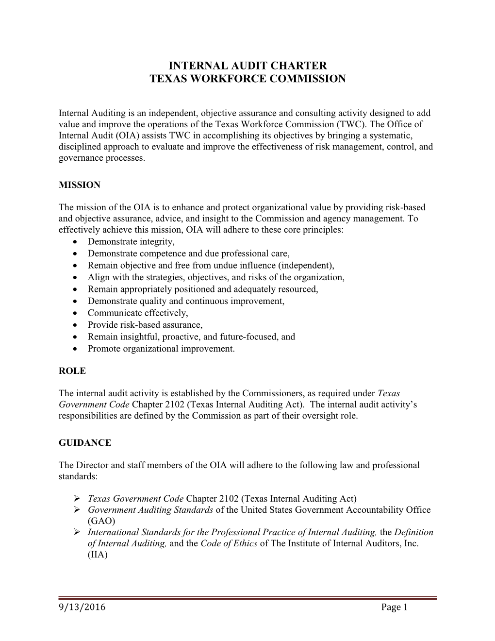 Commission Meeting Materials September 13, 2016 9:00 A.M. - Internal Audit Charter