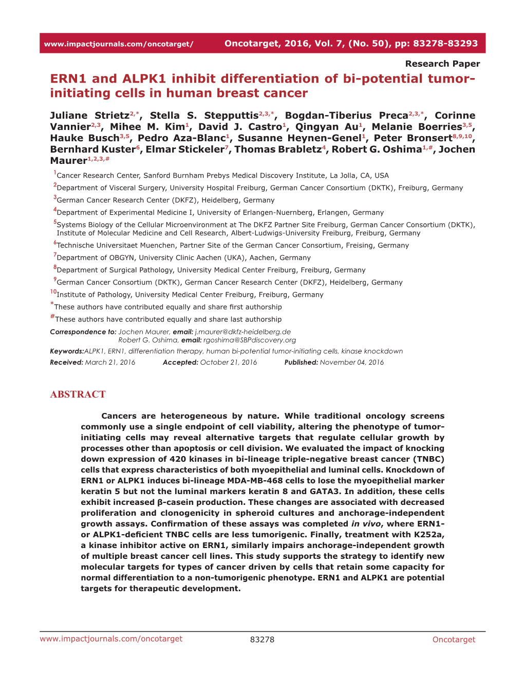 ERN1 and ALPK1 Inhibit Differentiation of Bi-Potential Tumor- Initiating Cells in Human Breast Cancer