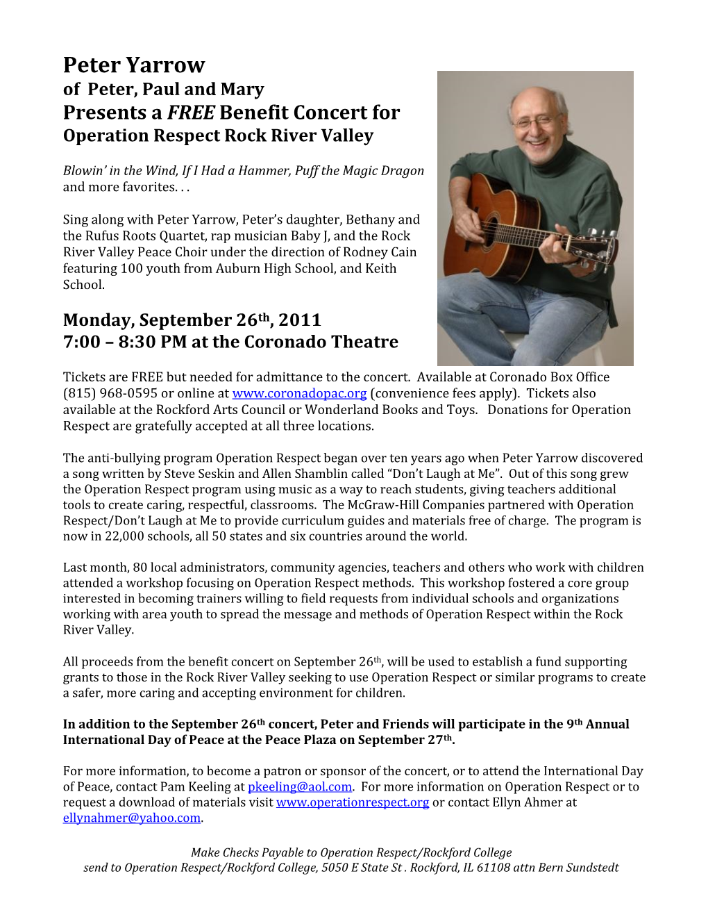 Peter Yarrow of Peter, Paul and Mary Presents a FREE Benefit Concert for Operation Respect Rock River Valley