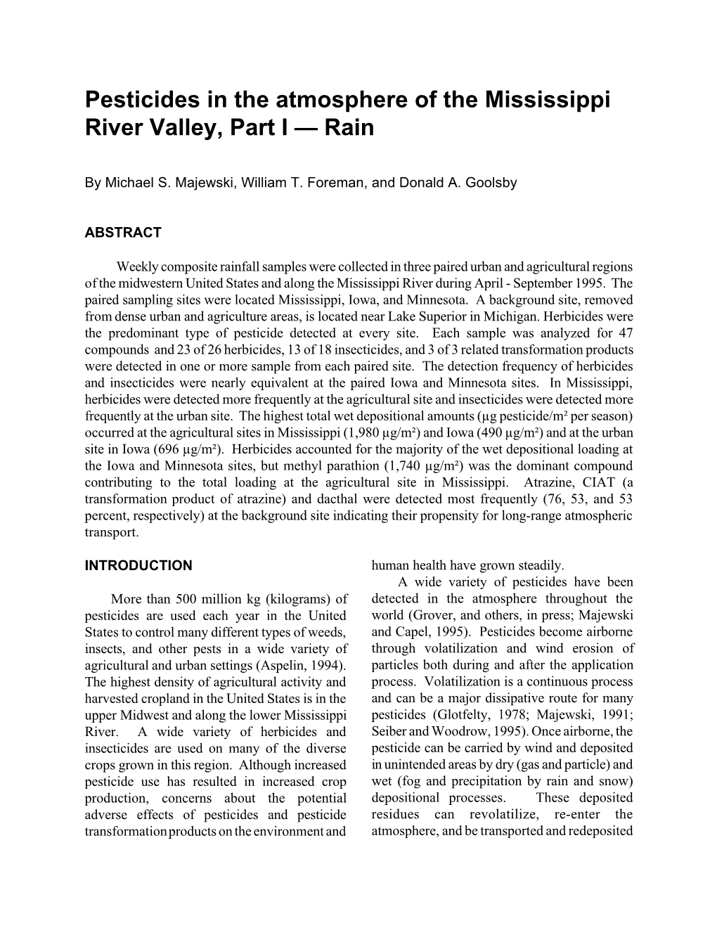 Pesticides in the Atmosphere of the Mississippi River Valley, Part I — Rain