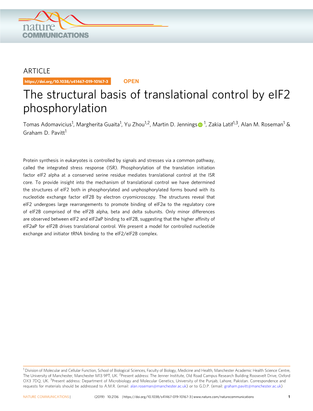 The Structural Basis of Translational Control by Eif2 Phosphorylation