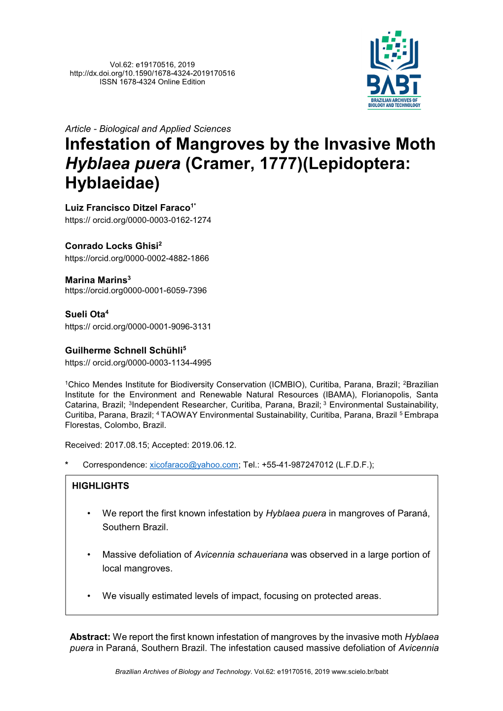 Infestation of Mangroves by the Invasive Moth Hyblaea Puera (Cramer, 1777)(Lepidoptera: Hyblaeidae)