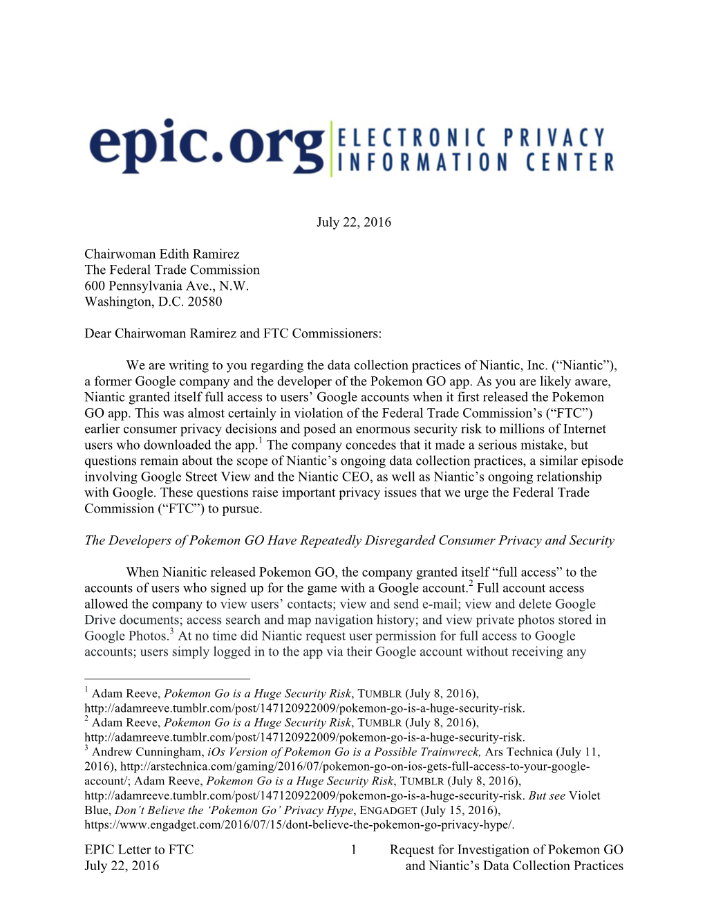 EPIC Letter to FTC Request for Investigation of Pokemon GO July