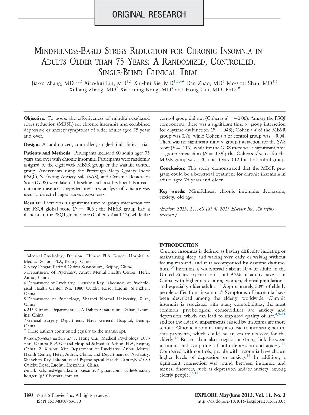 Mindfulness-Based Stress Reduction for Chronic Insomnia in Adults Older Than 75 Years:Arandomized,Controlled, Single-Blind Clinical Trial