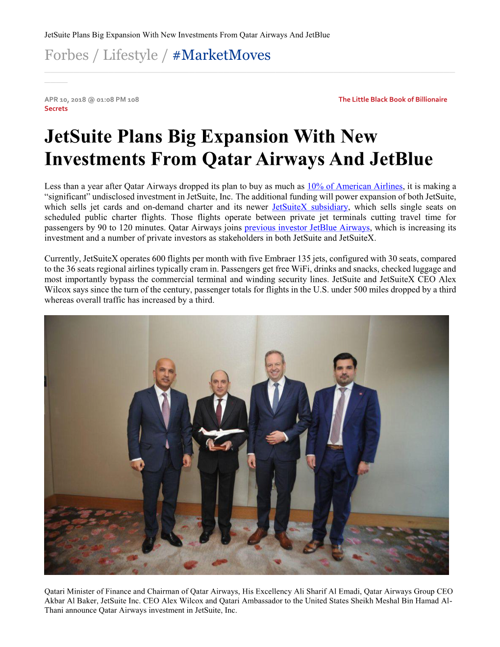 Jetsuite Plans Big Expansion with New Investments from Qatar Airways and Jetblue Forbes / Lifestyle / #Marketmoves ______