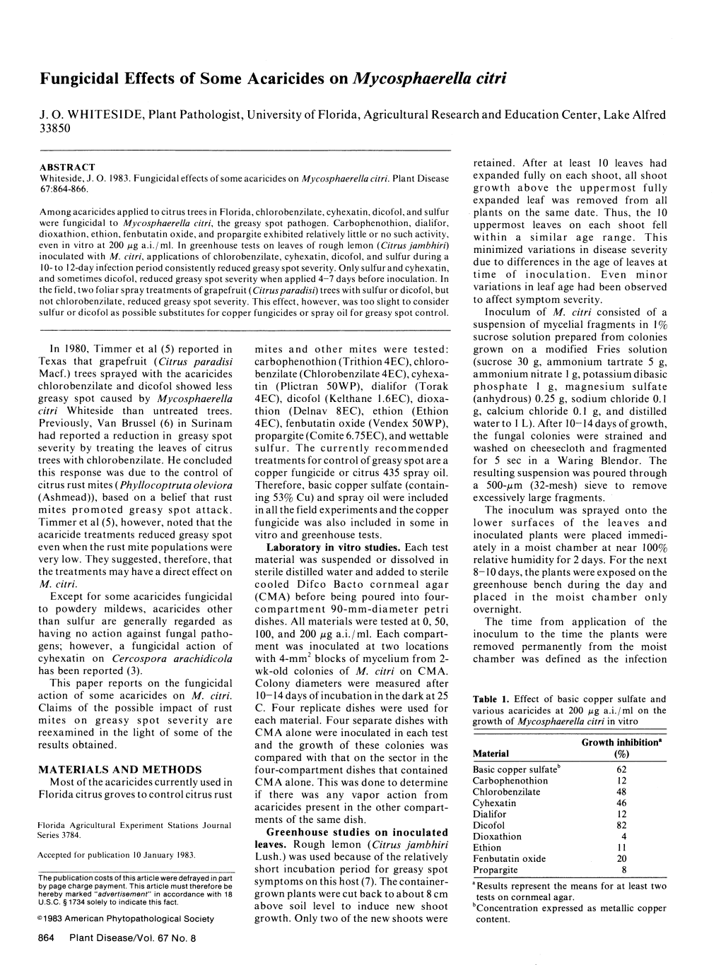 Fungicidal Effects of Some Acaricides on Mycosphaerella Citri